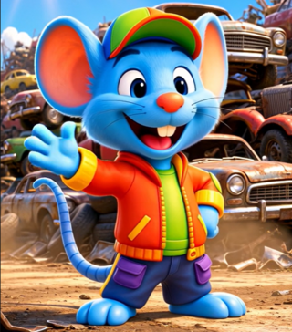 Scrappy, the Scrap Rats mascot, waving in a junkyard